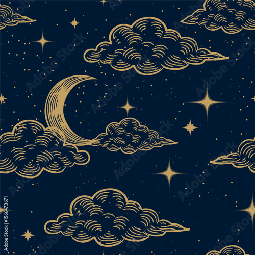 Starry magic night sky seamless pattern background. Bright golden moon, stars, clouds and constellations wallpaper. Space backdrop. Dark Sky with shiny stars. Vector Illustration.