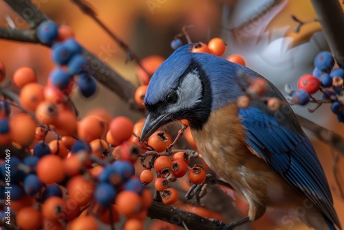 Beautiful blue jay bird enjoying orange and blue berries on a branch in autumn