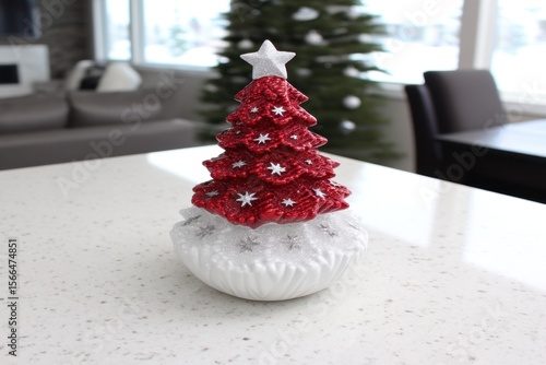 A small red and white christmas tree sitting on top of a table