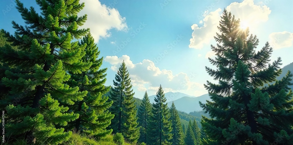 Fototapeta premium Lush green fir trees stand tall against a vibrant summer sky, sunlight dappling through the branches Perfect for nature, forest, and summer themes , needles, august, calm