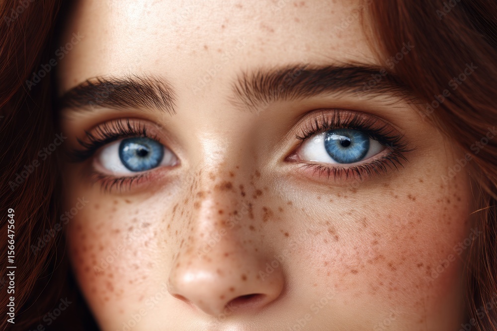Obraz premium A close up of a woman's face with freckles and blue eyes