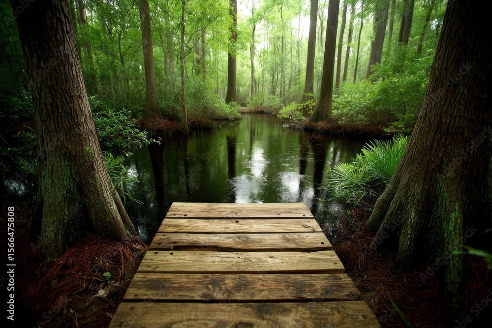 Obraz premium A wooden boardwalk in the middle of a swamp surrounded by trees