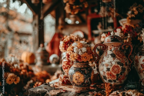 A table topped with vases filled with flowers and pumpkins
