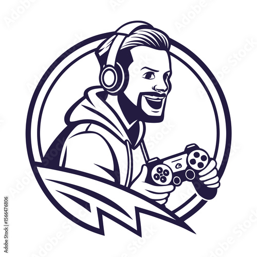 Happy gamer in headphones holding a controller