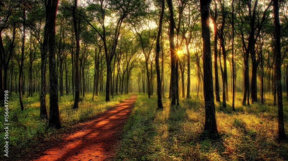 Obraz premium Serene Forest Pathway with Sunlight Filtering Through Trees