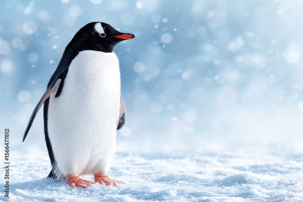 Naklejka premium A penguin standing in the snow on a sunny day