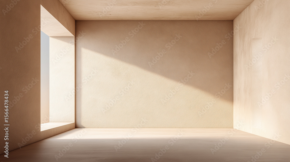 Minimalist empty room with tan stucco wall and wooden floor bathed in warm sunlight creating calm and inviting atmosphere with clean lines and natural textures Minimalist empty room with tan stucco wall and wooden floor bathed in warm sunlight creating calm and inviting atmosphere with clean lines and natural textures