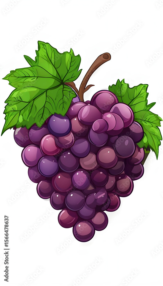 Fototapeta premium bunch of purple grapes with green leaves isolated on white background, symbolizing freshness, sweetness, and natural fruit