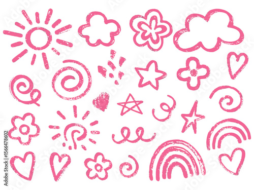 Collection of hand drawn pink doodle elements including suns clouds hearts stars and rainbows