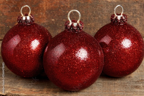 Three red christmas ornaments sitting on top of a wooden table