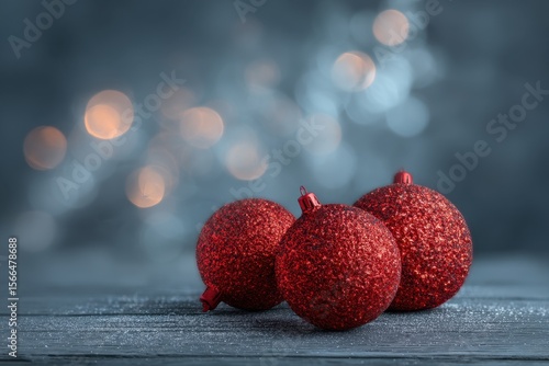 Three red christmas ornaments sitting on top of a wooden table