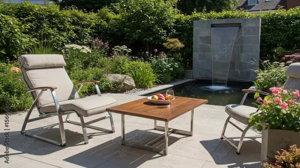 Outdoor lounge area with water feature Outdoor lounge area with water feature