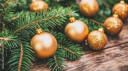 Golden ornaments on pine boughs, rustic wood, Christmas