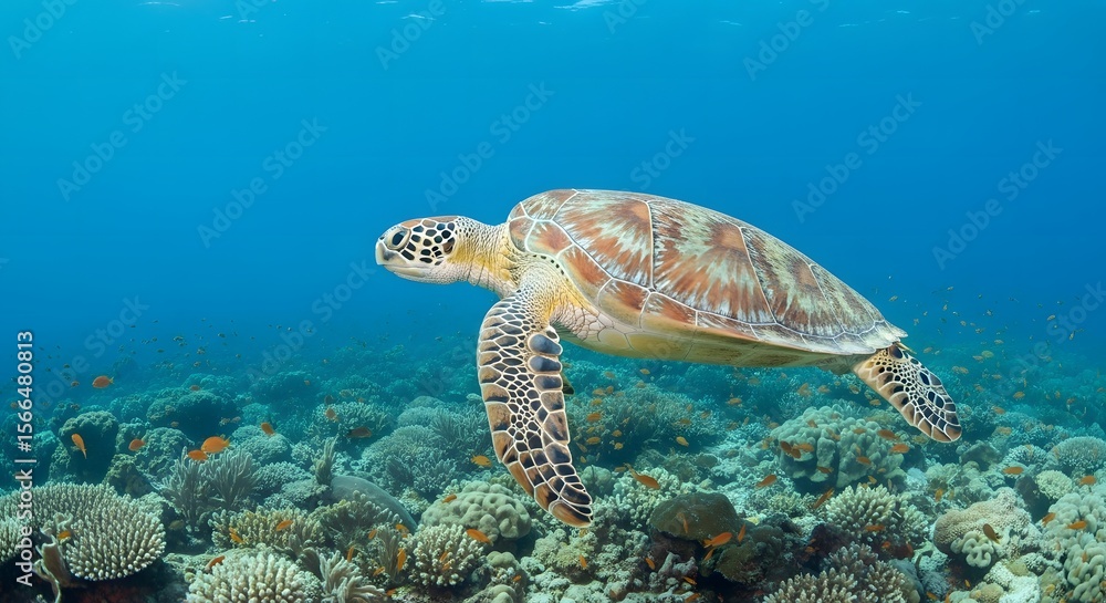 Fototapeta premium Majestic Sea Turtle Gracefully Swimming in Vibrant Coral Reef
