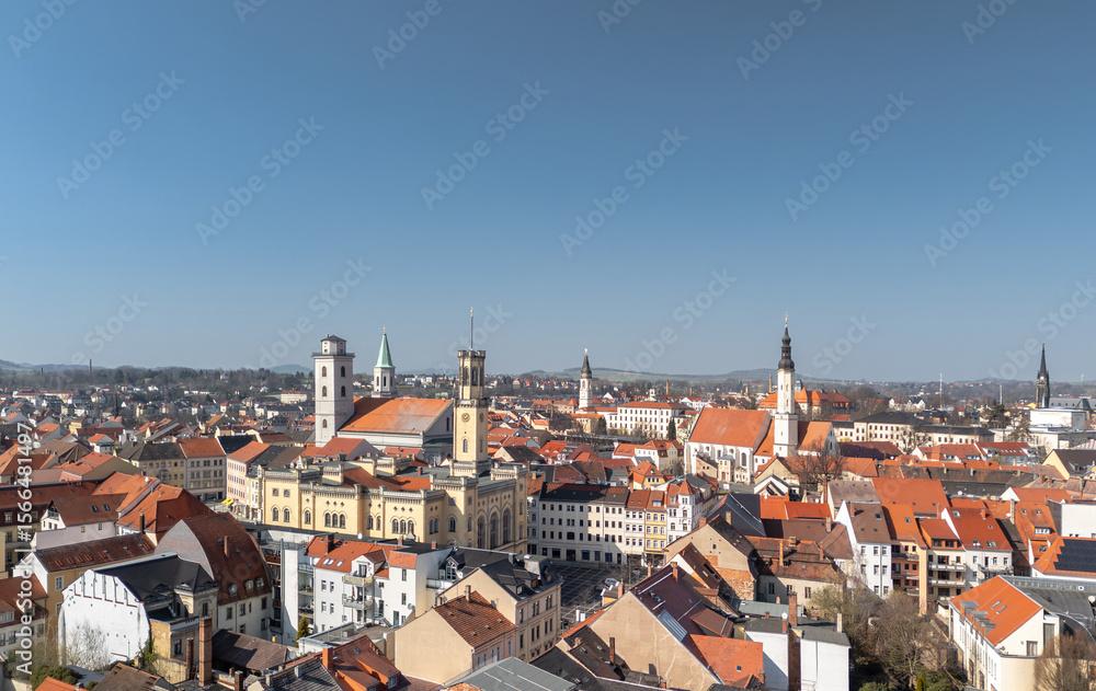 Obraz premium Skyline cityscape of Zittau, Saxony, Germany. Wide panoramic aerial morning view of the old town