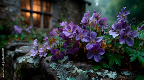 High quality lush purple flowers and green foliage growing on a rock wall near a window.