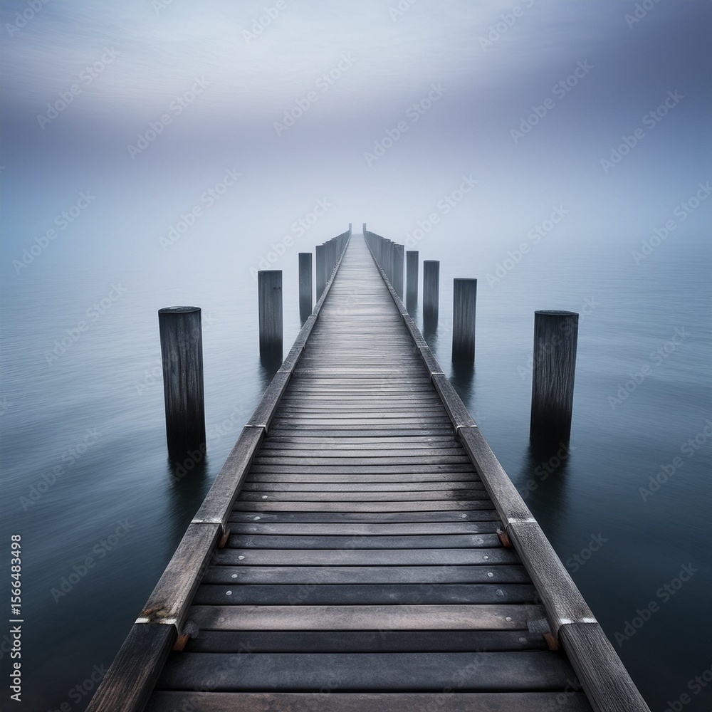 Naklejka premium Ein nebliger Küstenblick zeigt im Dämmerlicht einen langen, schmalen Steg, der ins ruhige Meer hinausführt