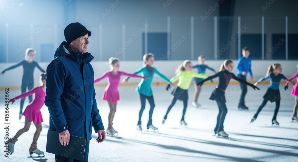 Obraz premium Ice skating coach older man beanie watching children practice rink winter sports training. Professional instructor teaching figure skating lessons. Cold weather athletic activities