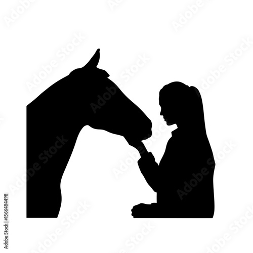 Silhouette of a woman gently touching a horse's nose  