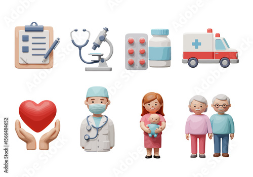 Comprehensive Collection of Medical Icons Representing Healthcare Services and Patient Care Including a Doctor Ambulance and Family Health Essentials