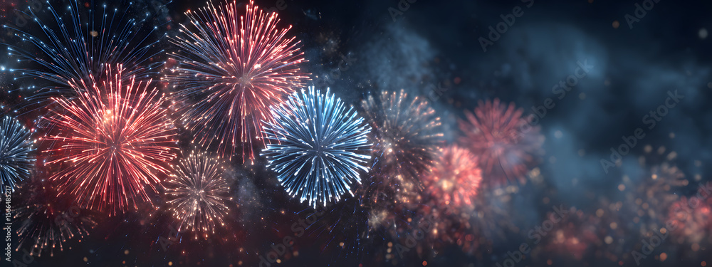 Fototapeta premium Independence Day 4th of July USA - Red blue white firework banner, silvester new year's eve, new year fireworks isolated on black night sky texture