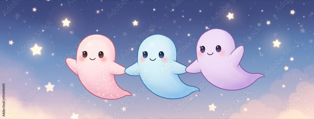 Three cute kawaii ghosts floating on starry night sky background with sparkles. Adorable white spirits with happy smiling faces among twinkling stars. Halloween celebration concept Three cute kawaii ghosts floating on starry night sky background with sparkles. Adorable white spirits with happy smiling faces among twinkling stars. Halloween celebration concept
