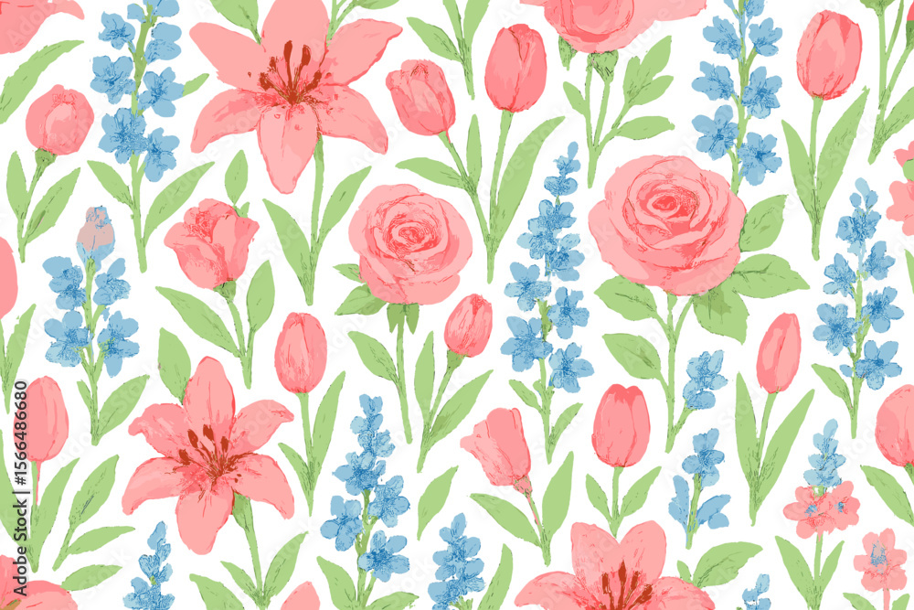 Floral pattern featuring pink roses, tulips, and blue flowers on a white background with vibrant colors Floral pattern featuring pink roses, tulips, and blue flowers on a white background with vibrant colors