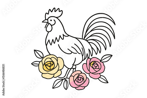 Colorful rooster surrounded by roses in a simple artistic style celebrates rural charm and natural beauty