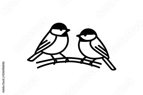 Two small birds perched together on a branch in a simple black and white illustration