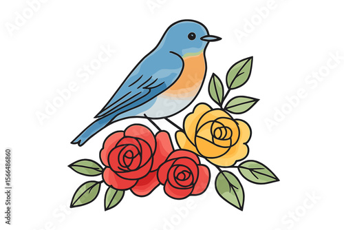 Colorful bird perched on vibrant roses in a creative illustration