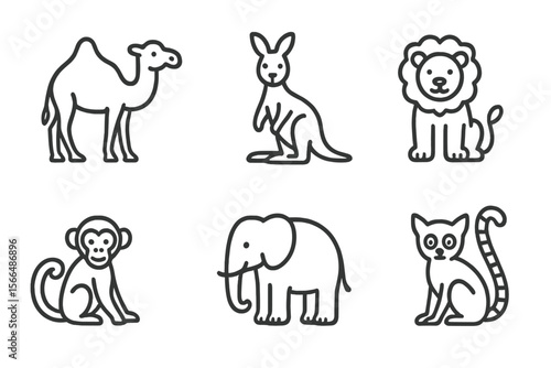 Various animal illustrations featuring a camel, kangaroo, lion, monkey, elephant, and cat in a simple style