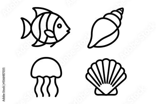Underwater life illustrations including fish, jellyfish, shell, and scallop in minimalist style