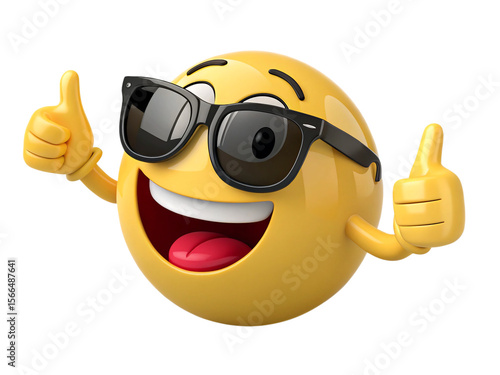 A cool 3D emoji character with sunglasses giving two thumbs up. A positive reaction icon for success, approval, and social media comments. Isolated, PNG, Cutout.