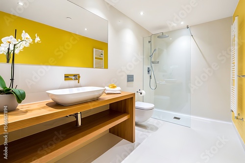 Modern Ensuite Bathroom With Yellow Accent Wall and Wood Vanity