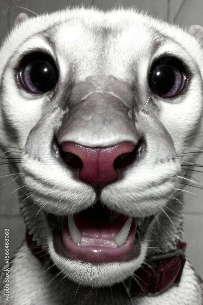 Fototapeta premium A close up of a white cat with purple eyes and a red collar