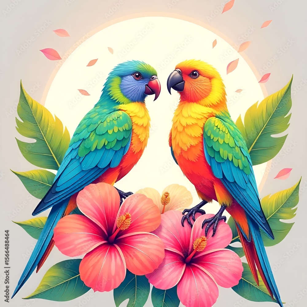 Fototapeta premium Two colorful macaw parrots perched on tropical hibiscus flowers