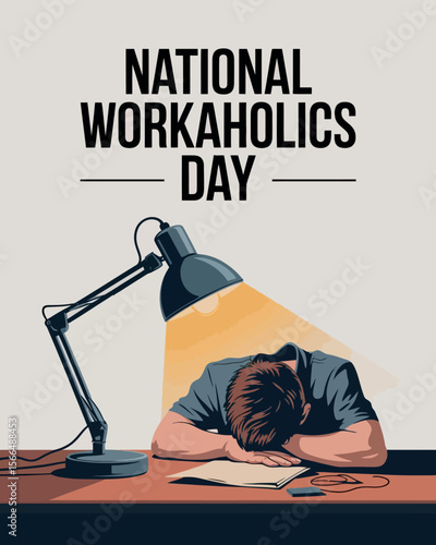 National Workaholics Day Illustration of Tired Man Sleeping at Desk Under Lamp