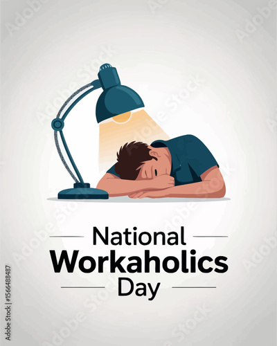 National Workaholics Day Illustration of Tired Man Sleeping at Desk Under Lamp