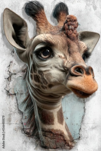  A close up of a giraffe's face peeking out of a crack in a wall