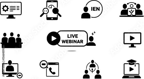 Live webinar button. Video internet conference icon. Internet education. Online meeting. Social media webinar. Live video streaming. Broadcast. Concept of virtual resources, video call, remote work