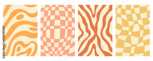 Distorted wavy retro patterns background set