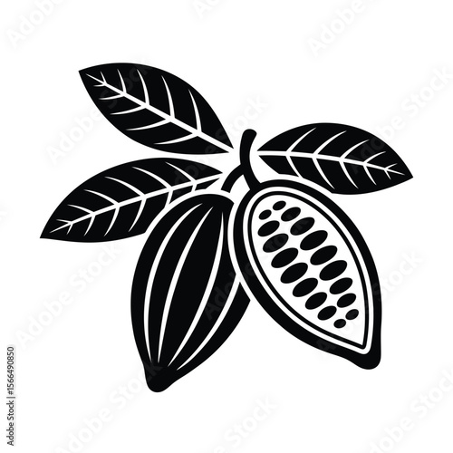 A black and white minimalist illustration of a cocoa pod and leaves