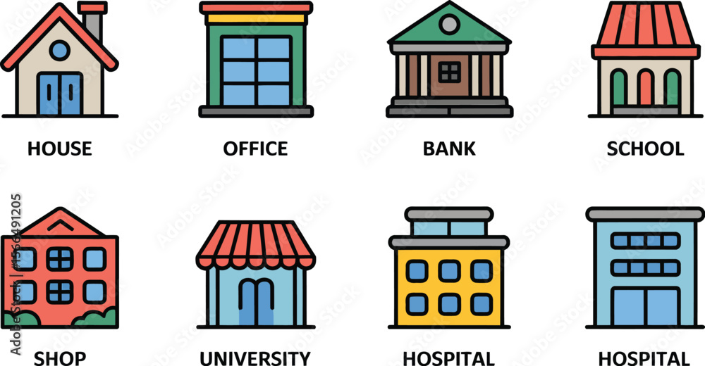 Fototapeta premium Illustration of eight different building types including house office bank and school hospital shop