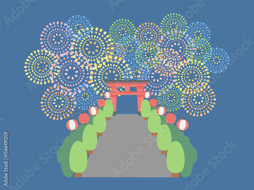 打ち上げ花火  提灯　神社　鳥居　夏祭り  フレーム  イラスト