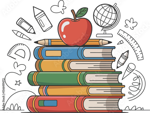 Stack of colorful books with an apple and pencil on top surrounded by school supplies drawings