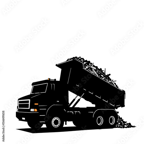 A black silhouette of a dump truck unloading a pile of debris.