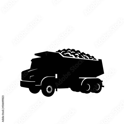 A black silhouette of a dump truck filled with material, likely gravel or rock, against a white background.