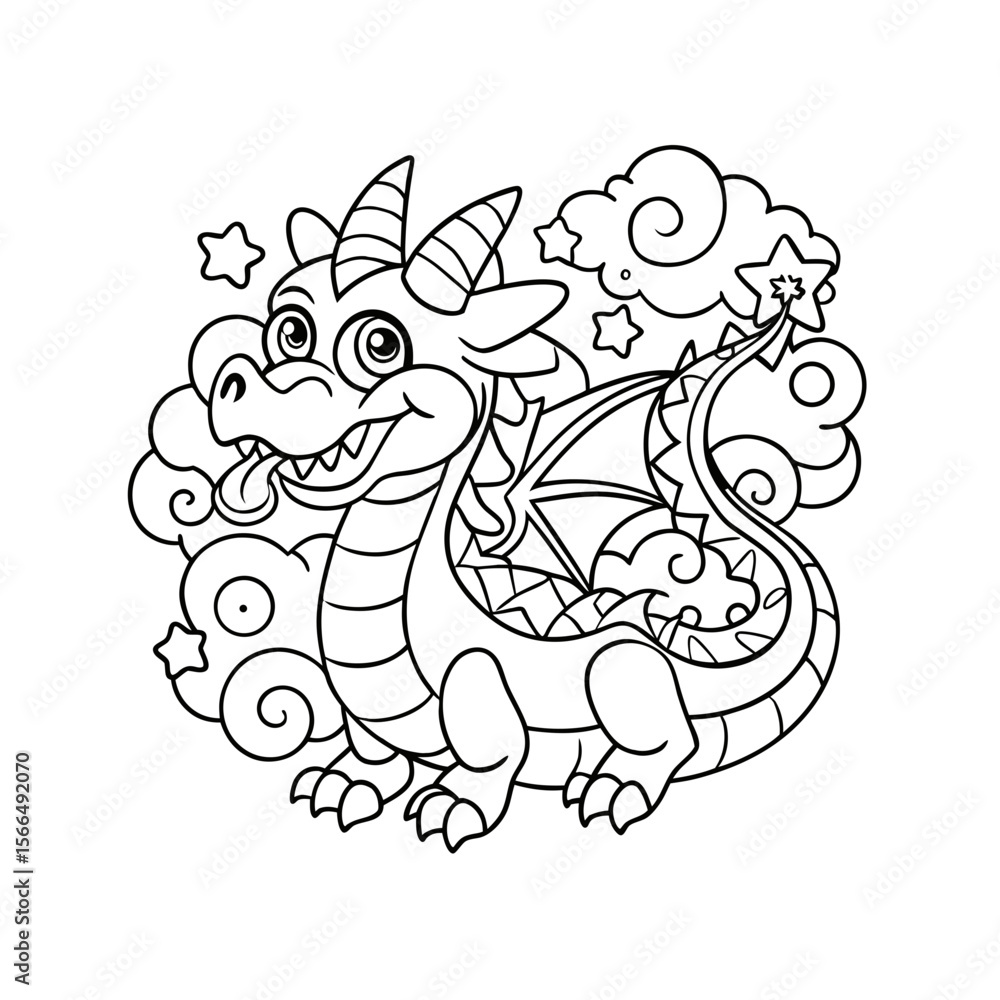 Naklejka premium Cheerful Dragon Blowing Smoke Rings with Stars Coloring Page