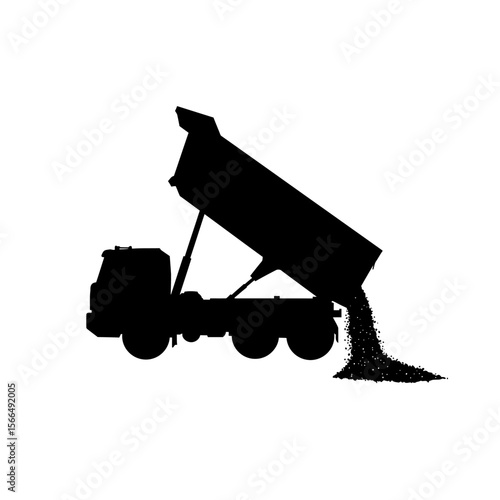 Dump truck unloading gravel, silhouette illustration.