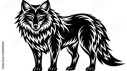 A striking black and white wolf is depicted on a clean white background.